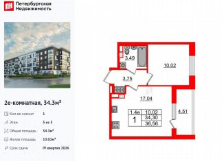 Продам 1-ком. квартиру, 34.3 м2, Санкт-Петербург, муниципальный округ Пулковский Меридиан