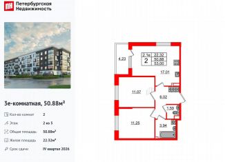 Продается 2-ком. квартира, 50.9 м2, Санкт-Петербург, муниципальный округ Пулковский Меридиан