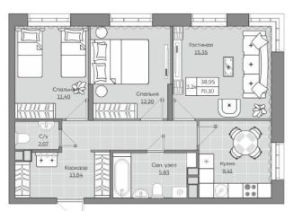 Продается 3-ком. квартира, 70.1 м2, Казань, Приволжский район, жилой комплекс Станция Спортивная, 2.2