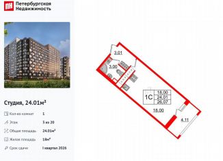 Продажа квартиры студии, 24 м2, Санкт-Петербург, муниципальный округ Невский