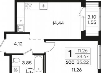 Продается 1-комнатная квартира, 35.2 м2, посёлок Парголово