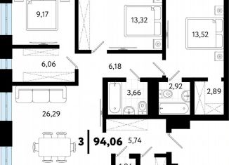 Продам 3-ком. квартиру, 94.1 м2, Тюмень, Ленинский округ