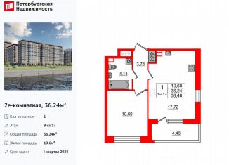 Однокомнатная квартира на продажу, 36.2 м2, Санкт-Петербург, метро Елизаровская