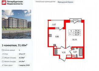 1-ком. квартира на продажу, 31.7 м2, Санкт-Петербург, муниципальный округ Невский