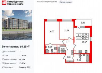 2-комнатная квартира на продажу, 66.3 м2, Санкт-Петербург, муниципальный округ Невский