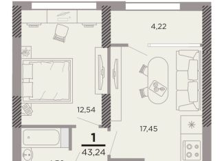 Продается 1-комнатная квартира, 43.2 м2, Рязань