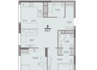 2-ком. квартира на продажу, 69.1 м2, Рязань, Московский район