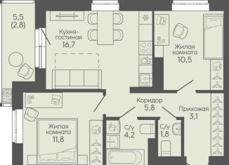 2-ком. квартира на продажу, 56.7 м2, Волгоград, Трёхгорная улица, 27