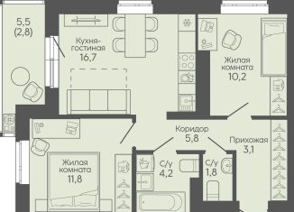 Продается 2-ком. квартира, 56.4 м2, Волгоград, Трёхгорная улица, 27