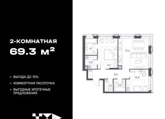 Продается двухкомнатная квартира, 69.3 м2, Москва