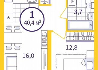 1-комнатная квартира на продажу, 38.6 м2, Екатеринбург, Чкаловский район