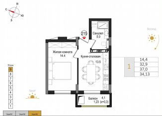 Продается 1-комнатная квартира, 34.1 м2, Калининград