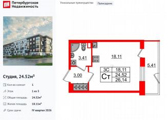 Продам квартиру студию, 24.5 м2, Санкт-Петербург, Московский район