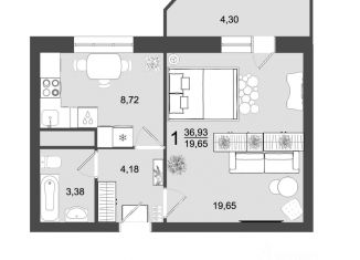 1-комнатная квартира на продажу, 36.9 м2, Клин