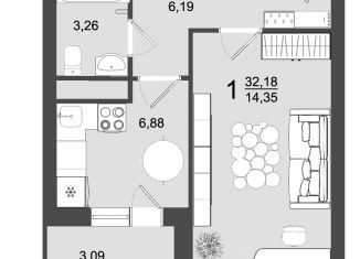 Продажа однокомнатной квартиры, 32.2 м2, Клин