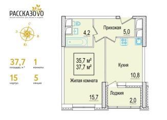 Однокомнатная квартира на продажу, 37.7 м2, поселение Внуковское, бульвар Андрея Тарковского, к15, ЖК Рассказово