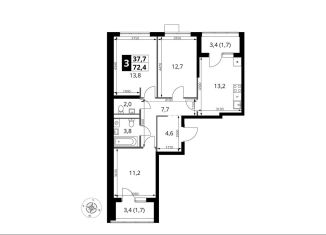 3-комнатная квартира на продажу, 72.4 м2, поселение Мосрентген