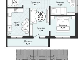Продажа трехкомнатной квартиры, 60.9 м2, Новосибирская область