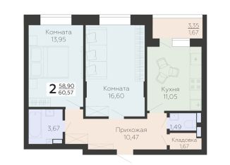 Продается двухкомнатная квартира, 60.6 м2, Воронежская область