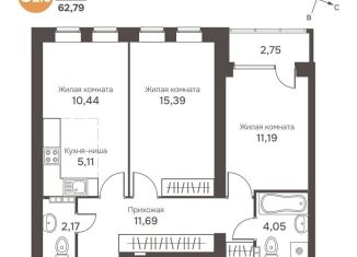 Продам 3-комнатную квартиру, 61.4 м2, посёлок Кирпичный