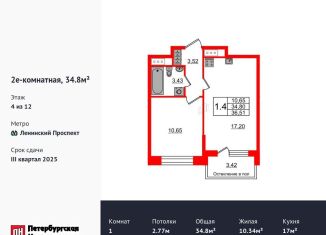 Продам 1-комнатную квартиру, 34.8 м2, Санкт-Петербург, метро Проспект Ветеранов
