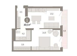 Продаю 1-комнатную квартиру, 49.5 м2, Омск