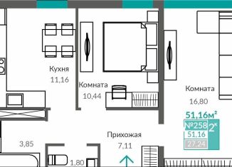 Продается двухкомнатная квартира, 51.2 м2, Крым