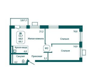 2-комнатная квартира на продажу, 69.1 м2, рабочий посёлок Андреевка, жилой комплекс Андреевка Лайф, 5