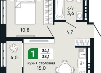 1-ком. квартира на продажу, 38.1 м2, Свердловская область, улица Бажова, 30А