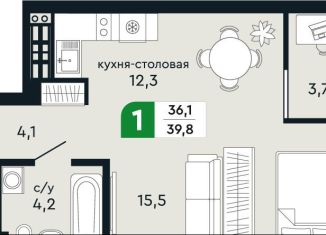 1-комнатная квартира на продажу, 39.8 м2, Свердловская область, улица Бажова, 30А