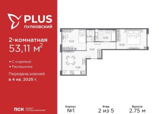 Продается двухкомнатная квартира, 53.2 м2, Санкт-Петербург, муниципальный округ Пулковский Меридиан