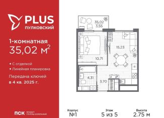 Однокомнатная квартира на продажу, 35 м2, Санкт-Петербург, муниципальный округ Пулковский Меридиан