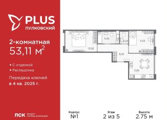 Продам двухкомнатную квартиру, 53.1 м2, Санкт-Петербург, метро Звёздная