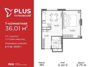 Продается однокомнатная квартира, 36 м2, Санкт-Петербург, муниципальный округ Пулковский Меридиан