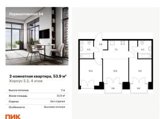 Продается 2-ком. квартира, 53.9 м2, Санкт-Петербург, жилой комплекс Лермонтовский 54, к 2.1