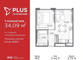 Продаю 1-комнатную квартиру, 34.1 м2, Санкт-Петербург, Московский район