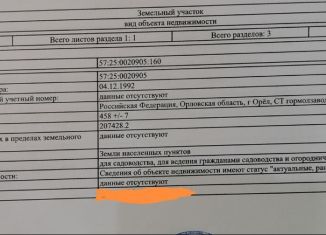 Продам земельный участок, 4.6 сот., Орёл, Заводской район, СТ Комбинат молочный городской Орловский, 99