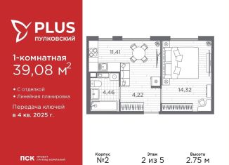 Продается 1-комнатная квартира, 34.4 м2, Санкт-Петербург, Московский район