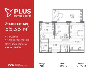 Продажа двухкомнатной квартиры, 55.4 м2, Санкт-Петербург, Московский район