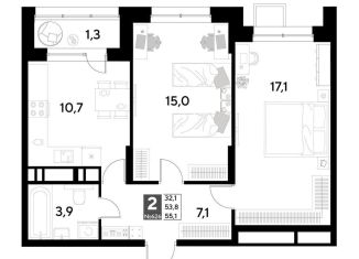 Продам 2-комнатную квартиру, 55.1 м2, Омская область