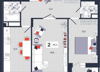 Продается двухкомнатная квартира, 65.4 м2, Тула