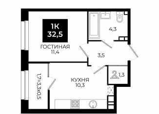 1-комнатная квартира на продажу, 32.5 м2, Ставрополь, улица Южный Обход, 65к1, Ленинский район