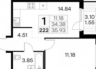 1-ком. квартира на продажу, 35.9 м2, посёлок Парголово