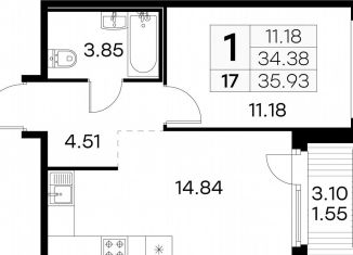 Продается 1-комнатная квартира, 35.9 м2, посёлок Парголово