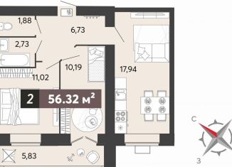 Продажа двухкомнатной квартиры, 56.3 м2, Пенза