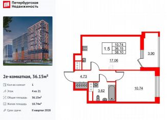 Продажа однокомнатной квартиры, 36.2 м2, деревня Новосаратовка