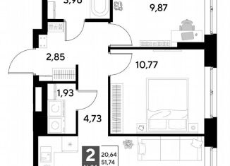 Продажа 2-ком. квартиры, 51.7 м2, Калуга