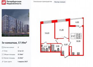 Продается 2-комнатная квартира, 58 м2, Санкт-Петербург, метро Парнас