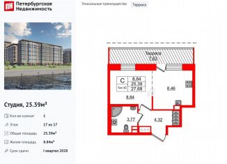 Продам квартиру студию, 25.4 м2, Санкт-Петербург, метро Проспект Большевиков