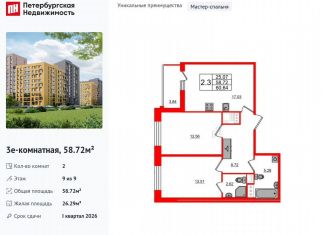 Продажа 2-ком. квартиры, 58.7 м2, Санкт-Петербург, метро Озерки